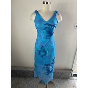Mirrors Small Vintage Y2K Blue Floral Mesh Handkerchief Hem Midi Dress Fairycore